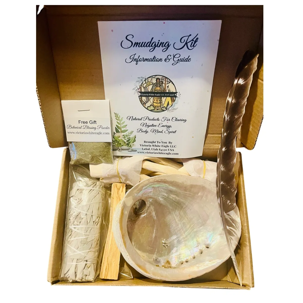 Smudging Kits, Includes tri-pod, abalone shell, feather, white sage bundle, palo santo stick