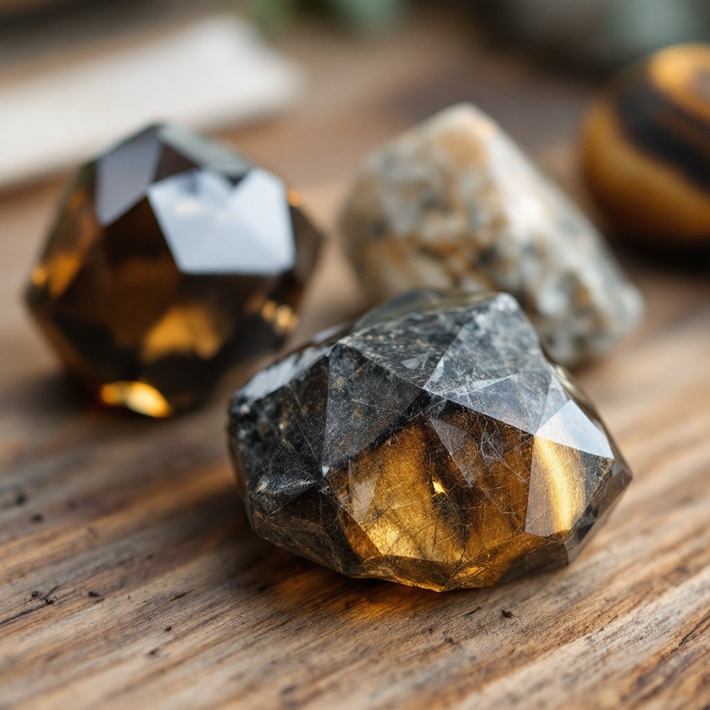 Black tourmaline, hematite, and smoky quartz grounding crystals arranged on linen fabric